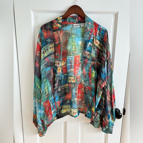 Chico's Tops - Chico's Multicolor Abstract Open-Front Tunic - Teal, Red, Blue